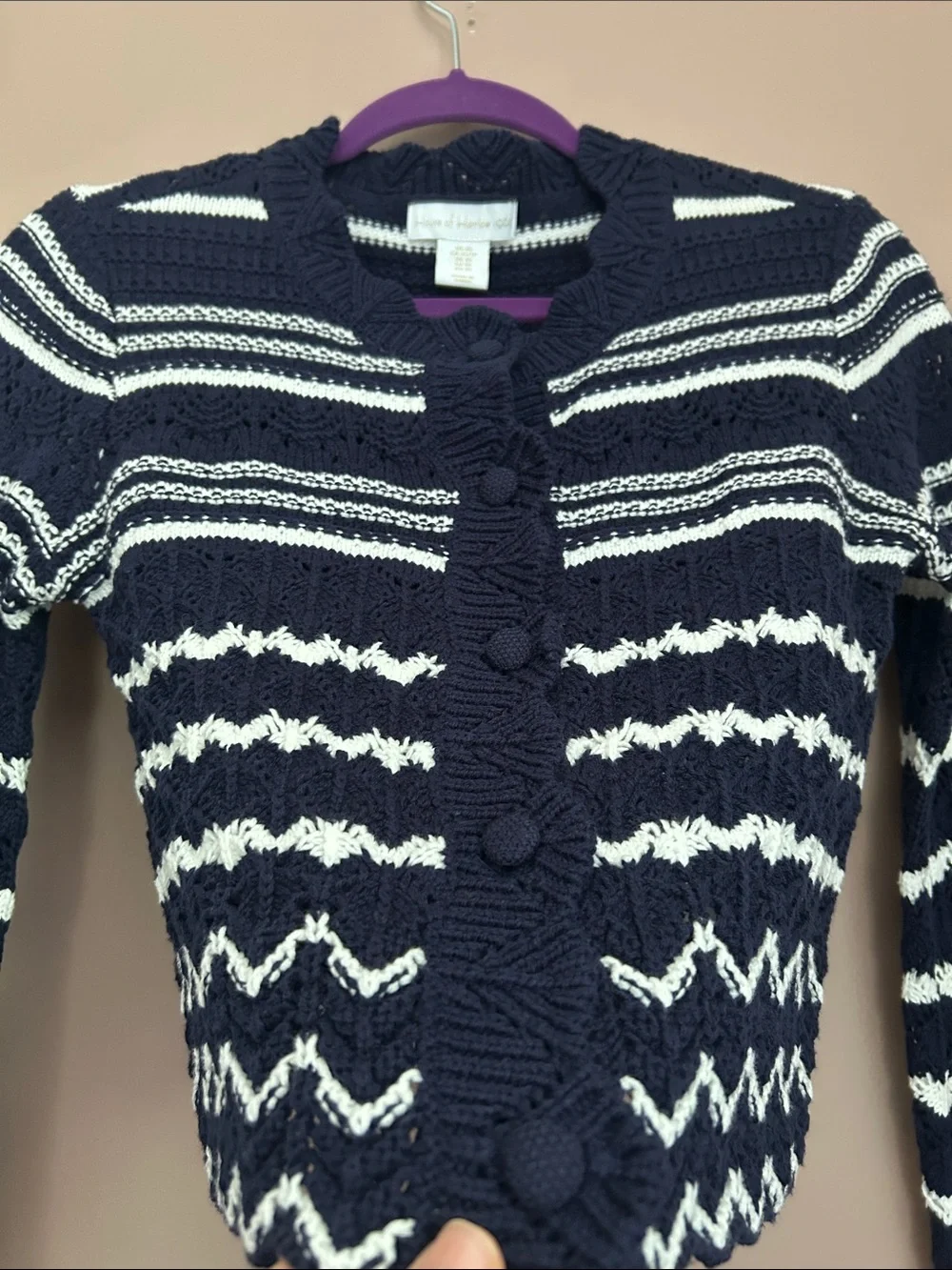 House of Harlow 1960 Striped Knit Cropped Cardigan Navy White XS